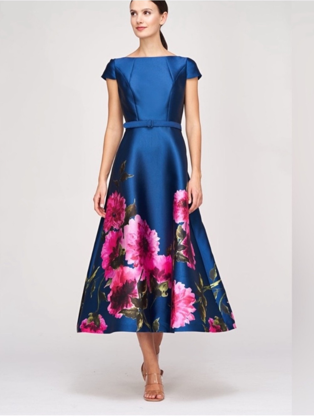Kay Unger Ina Royal Blue Midi Dress with Pink Floral Print